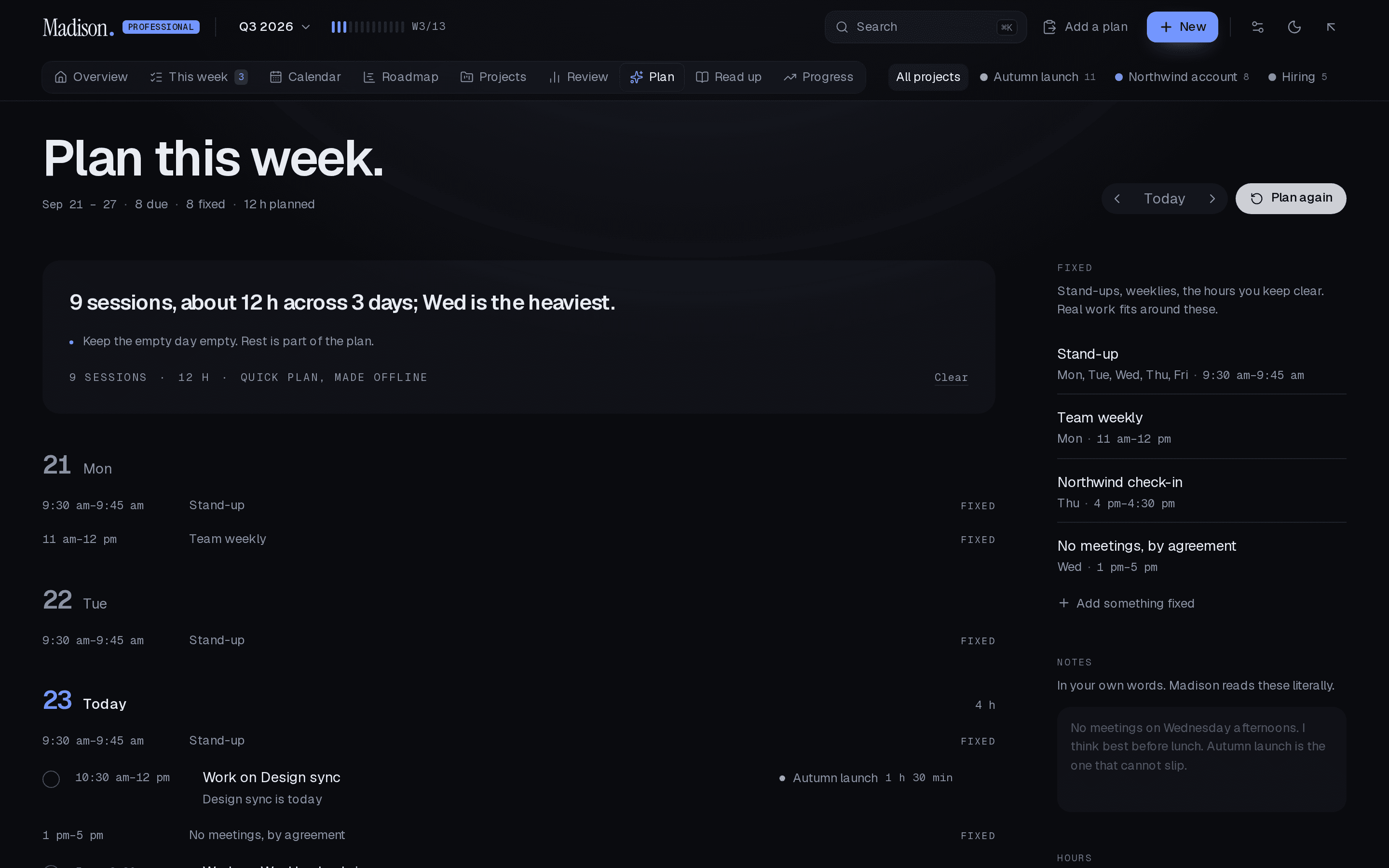 The week planned: nine sessions across three days, around the fixed meetings